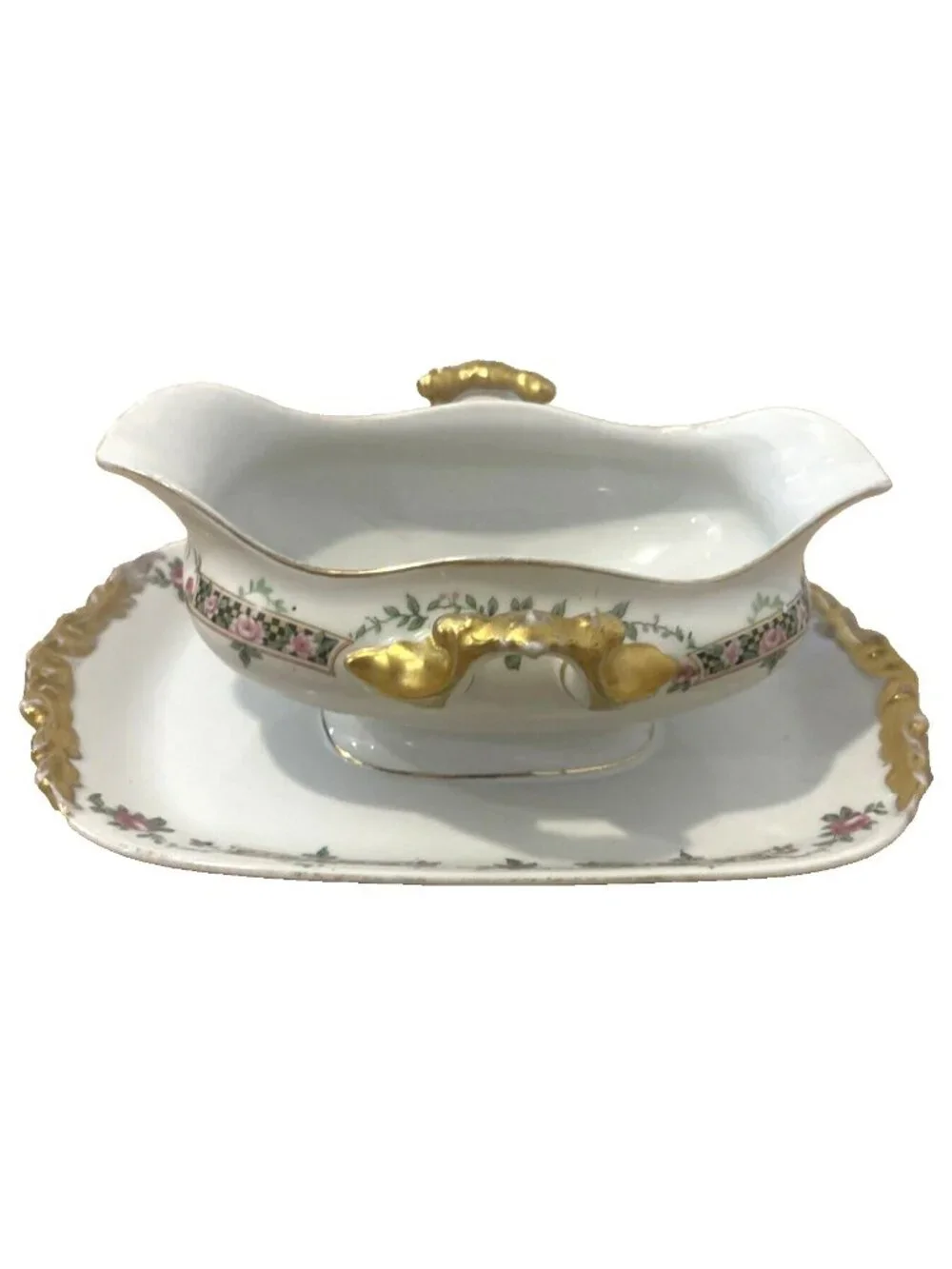 J Pouyat Limoges France Gold Gilt & Flowers Porcelain Gravy Boat Attached Plate